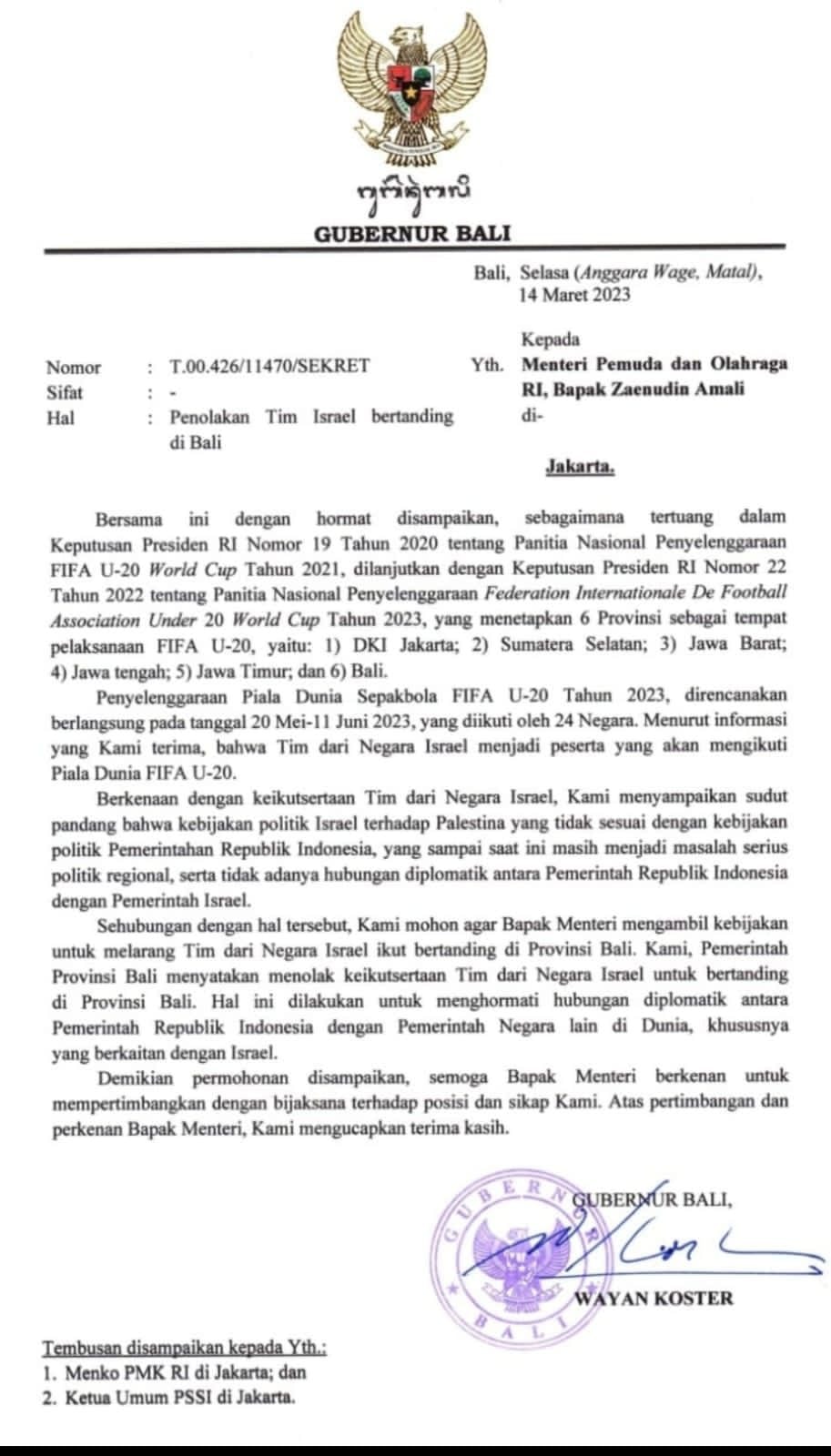 Surati Menpora, Gubernur Wayan Koster Tolak Tegas Timnas Israel Main di Bali