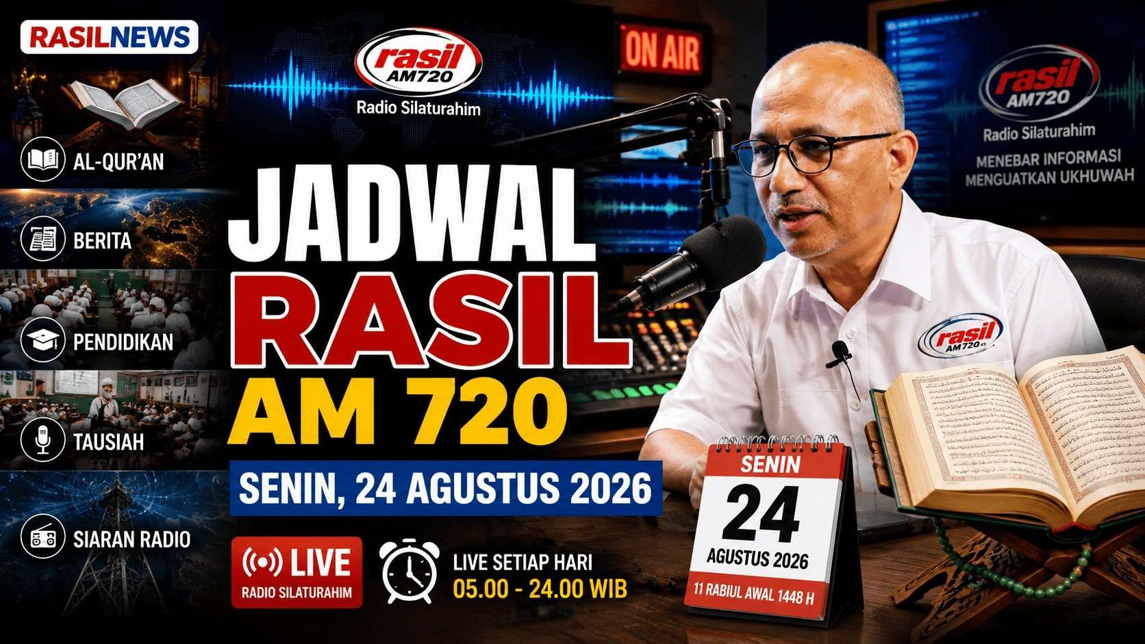 Dari Tahsin Al-Qur’an hingga Warta Malam, Ini Jadwal Rasil AM 720 Hari Ini