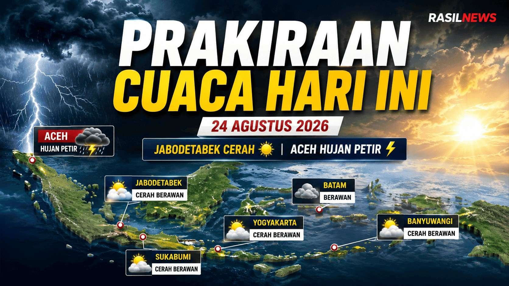 Prakiraan Cuaca Senin 24 Agustus 2026: Jabodetabek Cerah Berawan, Aceh Berpotensi Hujan Petir
