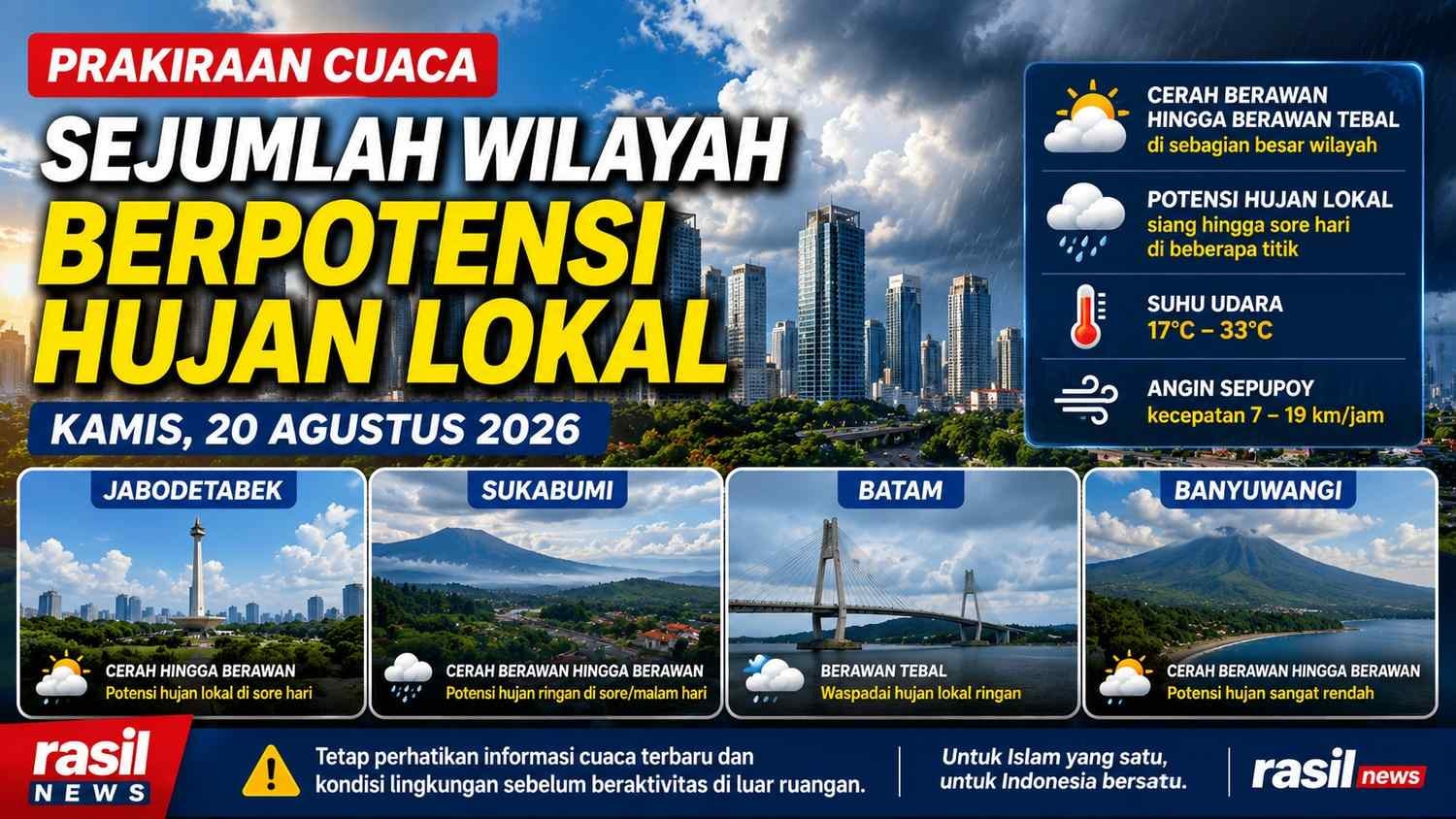 Prakiraan Cuaca Hari Ini, Sejumlah Wilayah Berpotensi Hujan Lokal