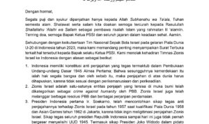 Surat terbuka penolakan Timnas Israel ke Indonesia dari AWG untuk PSSI (dok. AWG)